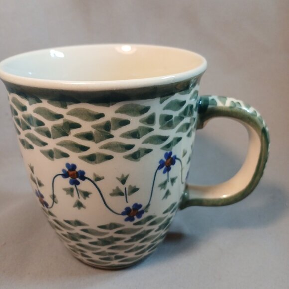 Boleslawiec Polish Pottery Lucky Blue Clover Coffee Mug Tea Cup Preowned 8 Ounce - Picture 3 of 8